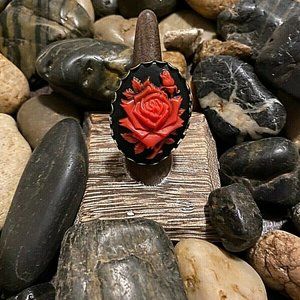 Gothic Steampunk ring  RED Full Bloom Rose Cameo